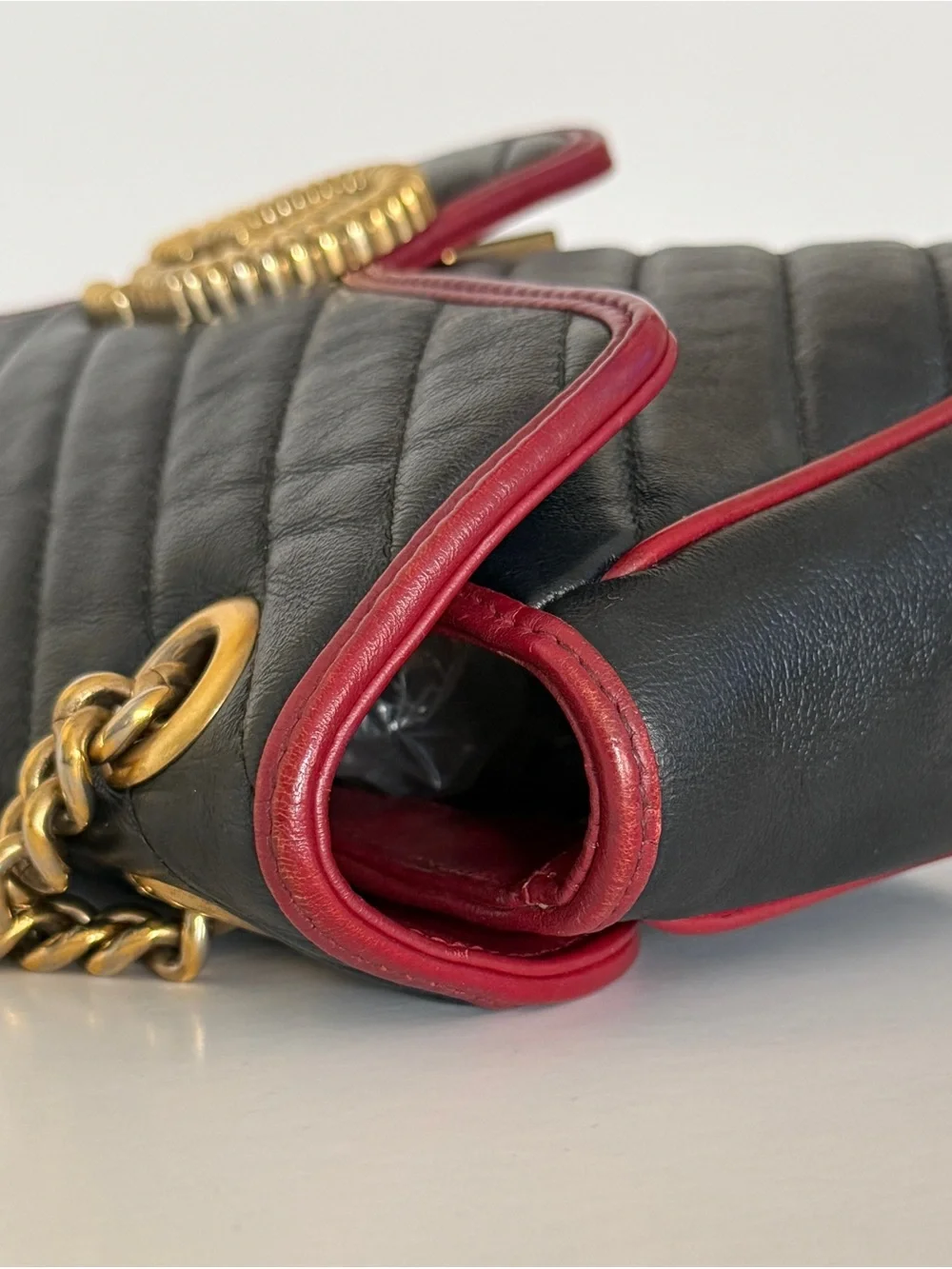 Gucci GG Marmont Medium Diagonal Black Bag Burgundy Trim Gold Hardware